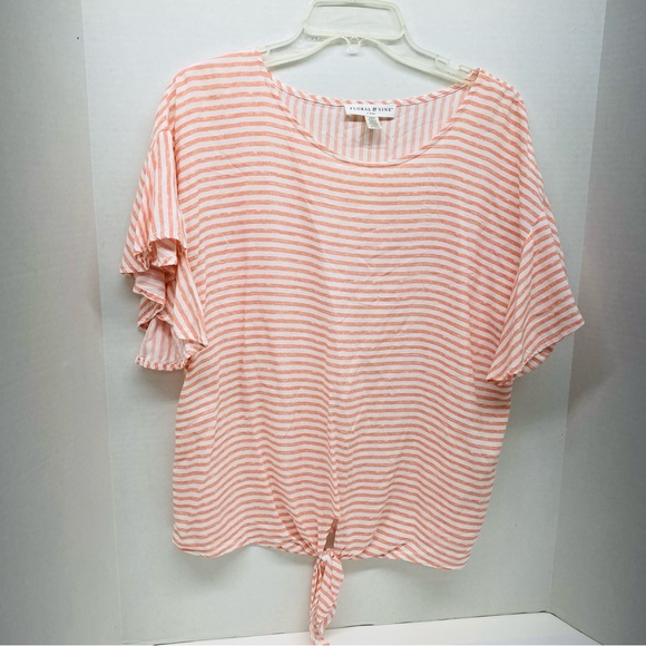 Floral & Vine Front Tie Pullover Blouse Large Coral & White Striped 100% Viscose - Picture 2 of 11
